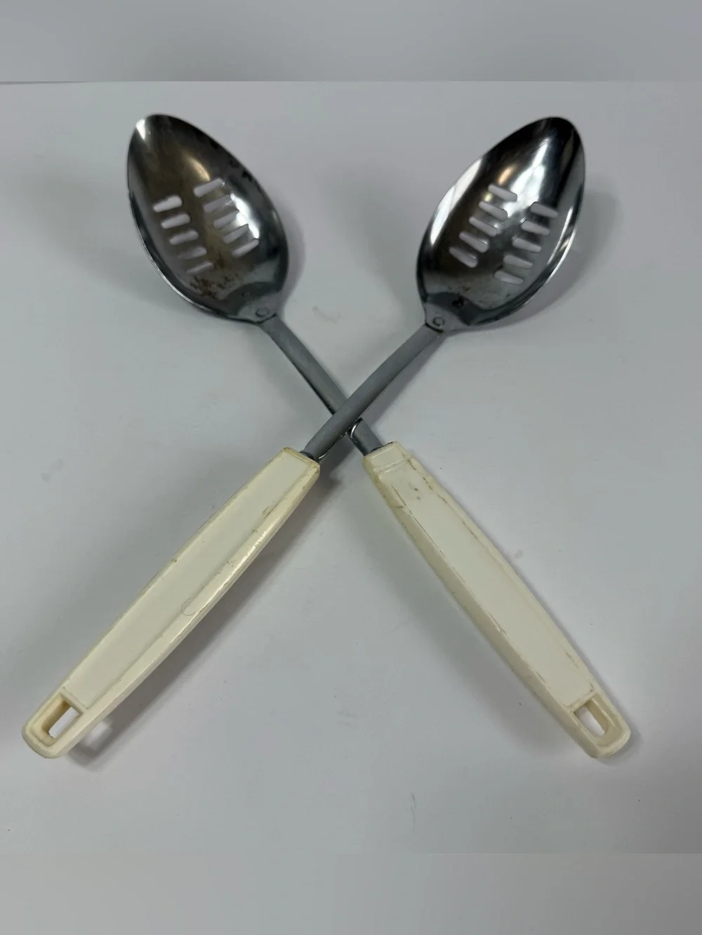 Vintage EKCO USA Slotted Spoons Set of 2 Chromium Plated White Handle